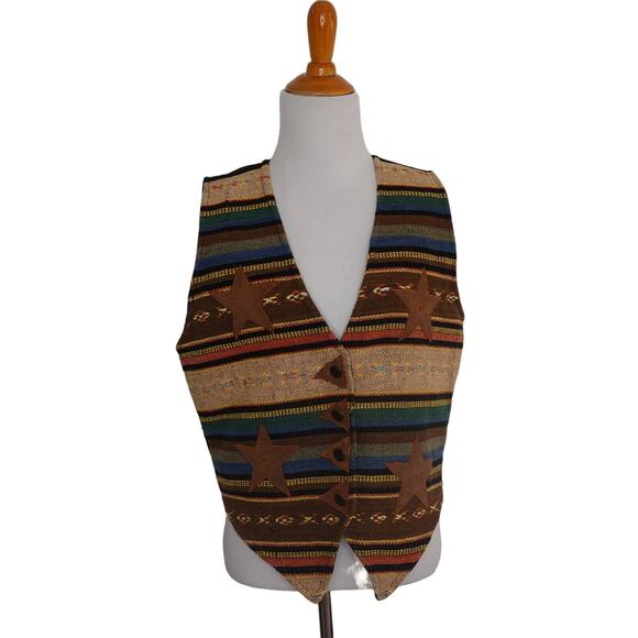 Vintage Jane Ashley Western Rodeo Vest Woven Suede Stars Women Large Petite - Picture 2 of 13